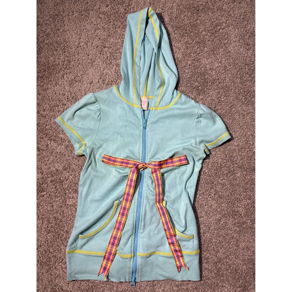 Petro Zillia Special T Blue Short Sleeve Full Zip Hoodie Plaid Bow Accent S/M